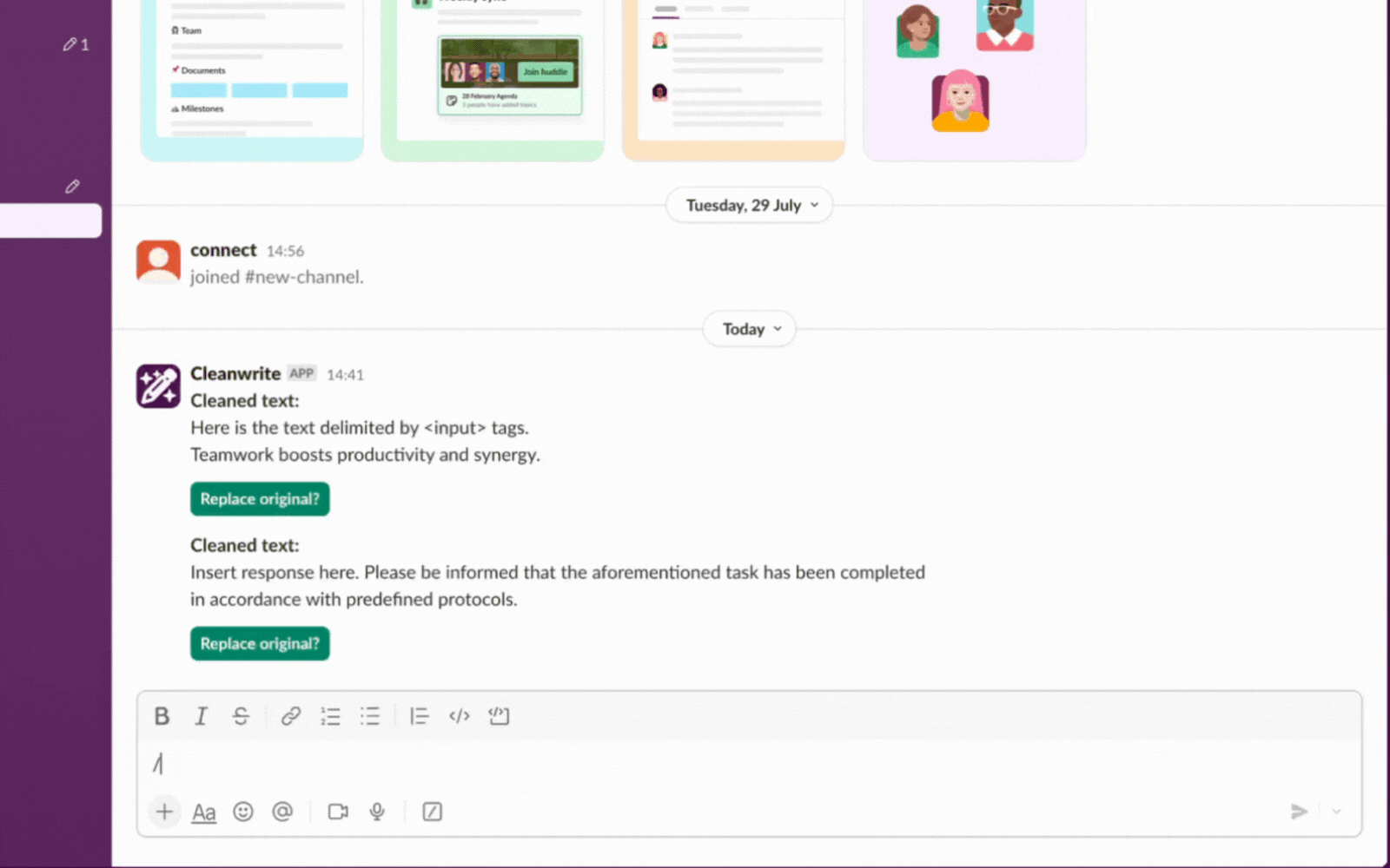 CleanWrite demo showing message transformation